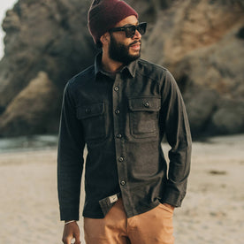 fit model wearing The Shop Shirt in Coal Boss Duck, looking right, Wovens by Taylor Stitch