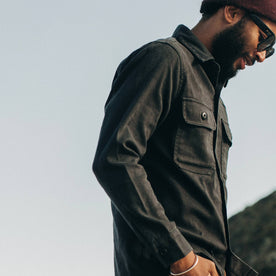 fit model wearing The Shop Shirt in Coal Boss Duck, walking right, Wovens by Taylor Stitch