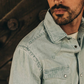 fit model wearing The Western Shirt in Washed Denim, shoulder detail, Wovens by Taylor Stitch