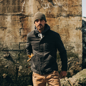 fit model wearing The Workhorse Jacket in Coal Boss Duck, hand in pocket, Outerwear by Taylor Stitch