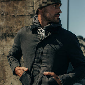 fit model wearing The Workhorse Jacket in Coal Boss Duck, looking right, Outerwear by Taylor Stitch