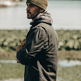 fit model wearing The Workhorse Jacket in Coal Boss Duck, looking left, Outerwear by Taylor Stitch