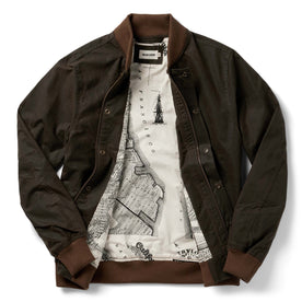 flatlay of The Bomber Jacket in Bark EverWax, shown open, Outerwear by Taylor Stitch