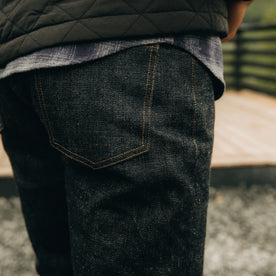 fit model showing back pocket of The Democratic Jean in Umeda Selvage, Bottoms by Taylor Stitch