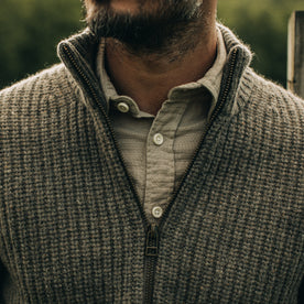 fit model showing zip detail on The Fisherman Full-Zip in Taupe, Knits by Taylor Stitch