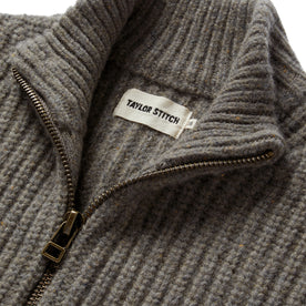 material shot of the collar on The Fisherman Full-Zip in Taupe, Knits by Taylor Stitch