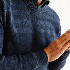 fit model showing details on The Hugo Sweater in Navy, Knits by Taylor Stitch