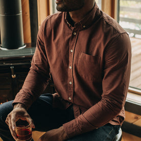 fit model posing in The Jack in Chestnut Oxford, Wovens by Taylor Stitch