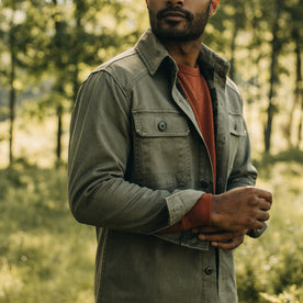 fit model wearing The Lined Shop Shirt in Stone Boss Duck, Outerwear by Taylor Stitch