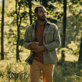 fit model walking in The Lined Shop Shirt in Stone Boss Duck, Outerwear by Taylor Stitch