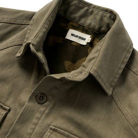 material shot of the collar on The Lined Shop Shirt in Stone Boss Duck, Outerwear by Taylor Stitch