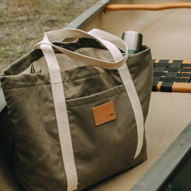 flatlay of The Market Tote in Stone Boss Duck outdoors, Accessories by Taylor Stitch