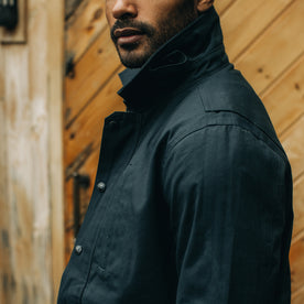 fit model showing off collar on The Pathfinder Jacket in Navy Dry Wax, Outerwear by Taylor Stitch