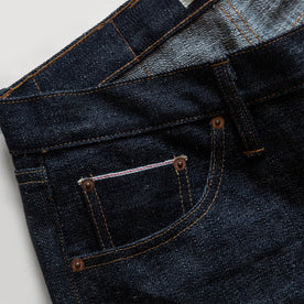 material shot of the selvage pocket on The Slim Jean in Umeda Selvage, Bottoms by Taylor Stitch