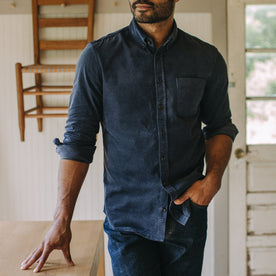 fit model standing in The Jack in Dark Navy Cord, Wovens by Taylor Stitch