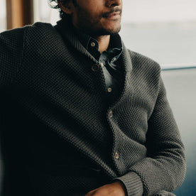 fit model wearing The Crawford Sweater in Charcoal, Knits by Taylor Stitch