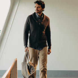 fit model walking in The Crawford Sweater in Charcoal, Knits by Taylor Stitch