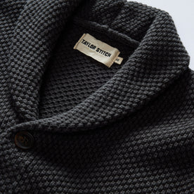 material shot of the shawl collar on The Crawford Sweater in Charcoal, Knits by Taylor Stitch