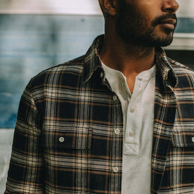 fit model showing the collar and pockets of The Ledge Shirt in Admiral Plaid, Wovens by Taylor Stitch