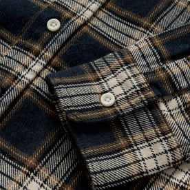 material shot of the sleeve on The Ledge Shirt in Admiral Plaid, Wovens by Taylor Stitch