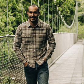 fit model walking in The Ledge Shirt in Fossil Plaid, Wovens by Taylor Stitch