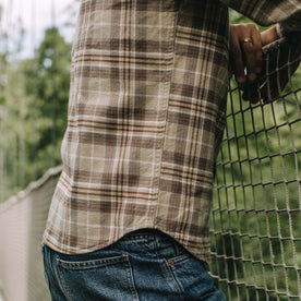 fit model showing off The Ledge Shirt in Fossil Plaid, Wovens by Taylor Stitch