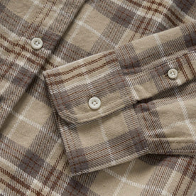 material shot of the sleeve cuff on The Ledge Shirt in Fossil Plaid, Wovens by Taylor Stitch