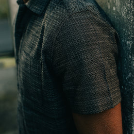 fit mdoel wearing The Short Sleeve Hawthorne in Navy Wave, shown from the side, Wovens by Taylor Stitch