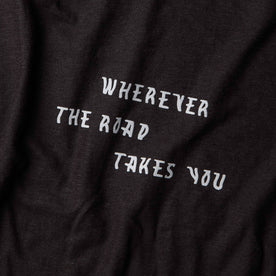 The Cotton Hemp Tee in Charcoal Open Road, material shot of front text, Knits by Taylor Stitch