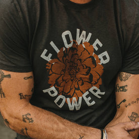 fit model wearing The Cotton Hemp Tee in Flower Power with a close up of the graphic, Knits by Taylor Stitch