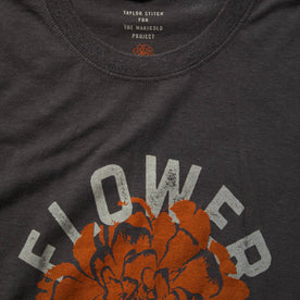 material shot of The Cotton Hemp Tee in Flower Power showing tag and close up of fabric, Knits by Taylor Stitch