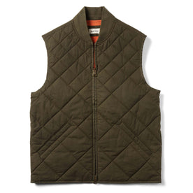 Flatlay of The Quilted Bomber Vest in Olive Dry Wax, Outerwear by Taylor Stitch