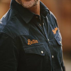 fit model wearing The Western Shirt in Better Together close up showing front yoke, Wovens by Taylor Stitch