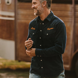 fit model wearing The Western Shirt in Better Together buttoning sleeve cuff, Wovens by Taylor Stitch