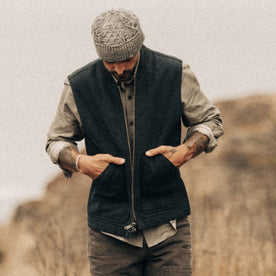 fit model wearing The Workhorse Vest in Coal Boss Duck, hand in pocket, Outerwear by Taylor Stitch