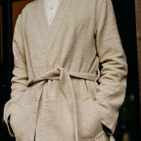 fit model wearing The Apres Robe in Natural Sashiko tied, Accessories by Taylor Stitch