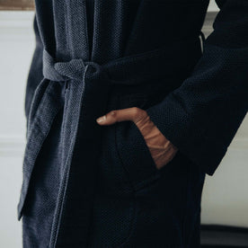 fit model showing The Apres Robe in Navy Sashiko tied, Accessories by Taylor Stitch