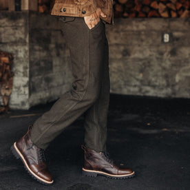 fit model showing off cuffs on The Carnegie Pant in Army Herringbone Wool, Bottoms by Taylor Stitch