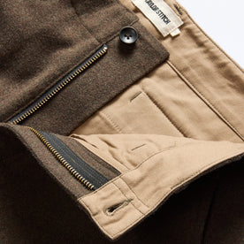 material shot of the fly on The Carnegie Pant in Army Herringbone Wool, Bottoms by Taylor Stitch