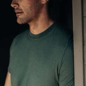 fit model showing off collar detail on The Cotton Hemp Tee in Pine, Knits by Taylor Stitch