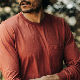 fit model with his arms crossed  The Cotton Hemp Long Sleeve in Engine, Knits by Taylor Stitch