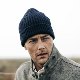 fit model wearing The Fisherman Beanie in Dark Navy, Accessories by Taylor Stitch