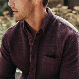 fit model showing off button detail on The Jack in Burgundy Jaspe Waffle, Wovens by Taylor Stitch