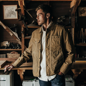 fit model wearing The Lined Longshore Jacket in Harvest Tan Waxed Canvas, Outerwear by Taylor Stitch