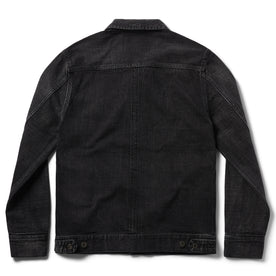 flatlay of the back of The Long Haul Jacket in Black 3-Month Wash Selvage, Outerwear by Taylor Stitch