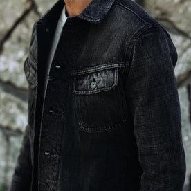 fit model showing off porkcets on The Long Haul Jacket in Black 3-Month Wash Selvage, Outerwear by Taylor Stitch