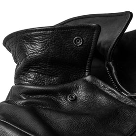 material shot of the collar on The Moto Jacket in Black Steerhide, Outerwear by Taylor Stitch