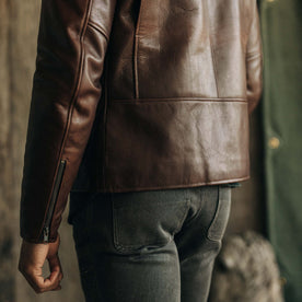 fit model showing the back of The Moto Jacket in Espresso Steerhide, Outerwear by Taylor Stitch