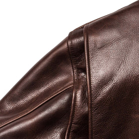 material shot of the shoulder on The Moto Jacket in Espresso Steerhide, Outerwear by Taylor Stitch