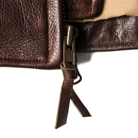 material shot of the zipper on The Moto Jacket in Espresso Steerhide, Outerwear by Taylor Stitch